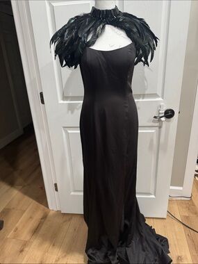Johnathan Kayne Black Maxi Gown with Feathered Collar
